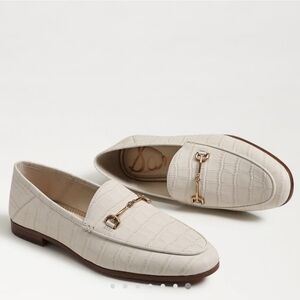 Sam Edelman Cream Croc-Embossed Loafers with Gold Detail
